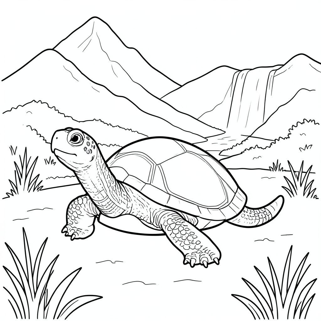 Độc lập, Rùa đơn, một đầu, hai mắt, bốn chân, một vỏ, một đuôi, bàn chân trên mặt đất vững chắc, tỷ lệ tự nhiên, quy mô thích hợp trong môi trường, đúng về mặt giải phẫu, rùa, núi, đồng cỏ, cỏ, xa, thác nước, màu nước, rửa, phác thảo, đơn giản, sạch sẽ, trang tô màu, nghệ thuật đường, nền trắng, solo, chủ đề đơn, đúng giải phẫu, giải phẫu hoàn hảo