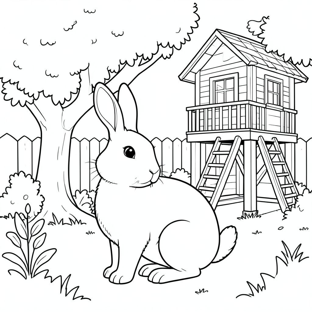 solo, chủ đề đơn, một đầu, hai mắt, hai tai, bốn chân, một đuôi, tỷ lệ tự nhiên, quy mô thích hợp trong môi trường, đúng giải phẫu, thỏ, cây, sân sau, lớn, vườn, nhà trên cây, thang, lan can, đơn giản, dọn dẹp, lý lịch, tô màu, nghệ thuật đường, nền trắng, solo, chủ đề đơn, đúng về mặt giải phẫu, giải phẫu hoàn hảo