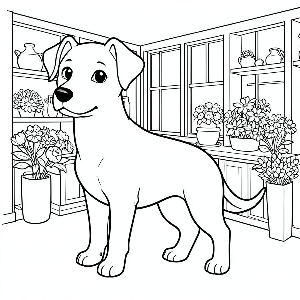 solo, chủ đề đơn, một đầu, hai mắt, hai tai, bốn chân, một đuôi, tỷ lệ tự nhiên, quy mô thích hợp trong môi trường, đúng giải phẫu, chó, hoa, bó hoa, cửa tiệm, nội địa, đơn giản, dọn dẹp, lý lịch, bằng gỗ, kệ, cửa sổ, tô màu, nghệ thuật đường, nền trắng, solo, chủ đề đơn, đúng về mặt giải phẫu, giải phẫu hoàn hảo