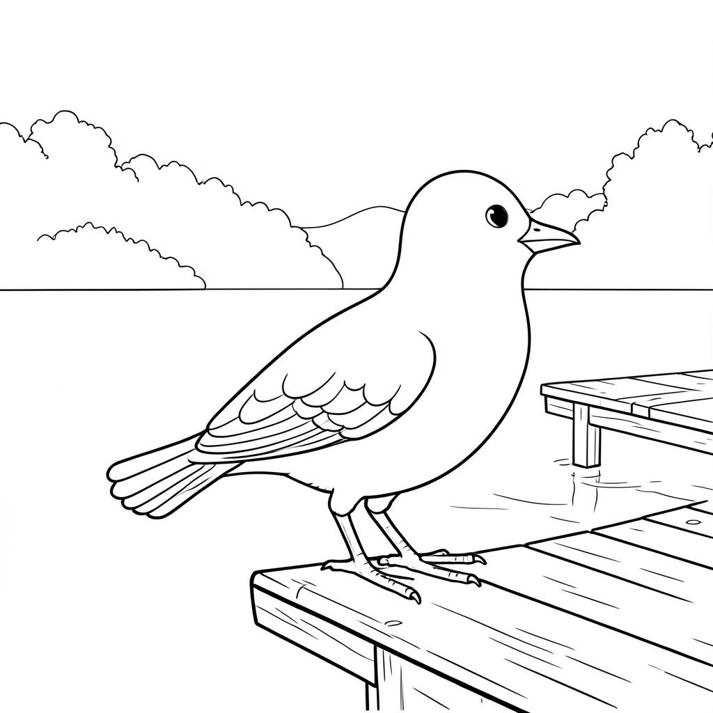 solo, một con chim, một đầu, hai mắt, một mỏ, hai cánh, hai chân, một đuôi, tỷ lệ tự nhiên, quy mô thích hợp trong môi trường, đúng giải phẫu, chim, hồ, bình tĩnh, bình minh, sương mù, tăng, rõ ràng, nhỏ, bến tàu, bằng gỗ, đơn giản, tô màu, nghệ thuật đường, nền trắng, solo, chủ đề đơn, đúng về mặt giải phẫu, giải phẫu hoàn hảo