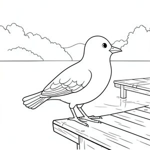 solo, một con chim, một đầu, hai mắt, một mỏ, hai cánh, hai chân, một đuôi, tỷ lệ tự nhiên, quy mô thích hợp trong môi trường, đúng giải phẫu, chim, hồ, bình tĩnh, bình minh, sương mù, tăng, rõ ràng, nhỏ, bến tàu, bằng gỗ, đơn giản, tô màu, nghệ thuật đường, nền trắng, solo, chủ đề đơn, đúng về mặt giải phẫu, giải phẫu hoàn hảo