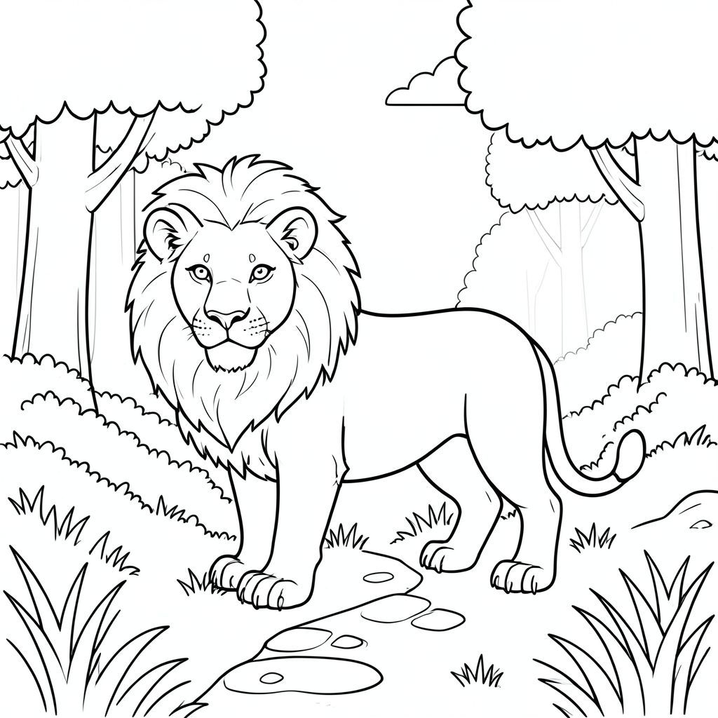 solo, chủ đề đơn, một đầu, hai mắt, hai tai, bốn chân, một đuôi, tỷ lệ tự nhiên, quy mô thích hợp trong môi trường, đúng giải phẫu, sư tử, cỏ, rừng, cây, con đường, đá, ánh sáng mặt trời, bầu trời quang đãng, đơn giản, tuyến tính, lý lịch, trang màu, nghệ thuật đường, nền trắng, solo, chủ đề đơn, đúng về mặt giải phẫu, giải phẫu hoàn hảo