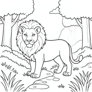 solo, chủ đề đơn, một đầu, hai mắt, hai tai, bốn chân, một đuôi, tỷ lệ tự nhiên, quy mô thích hợp trong môi trường, đúng giải phẫu, sư tử, cỏ, rừng, cây, con đường, đá, ánh sáng mặt trời, bầu trời quang đãng, đơn giản, tuyến tính, lý lịch, trang màu, nghệ thuật đường, nền trắng, solo, chủ đề đơn, đúng về mặt giải phẫu, giải phẫu hoàn hảo