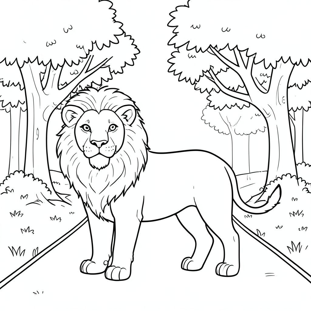 solo, chủ đề đơn, một đầu, hai mắt, hai tai, bốn chân, một đuôi, tỷ lệ tự nhiên, quy mô thích hợp trong môi trường, đúng giải phẫu, sư tử, cây, đại lộ, con đường, công viên, lốm đốm, đơn giản, dọn dẹp, lý lịch, tuyến tính, nghệ thuật, trang màu, nghệ thuật đường, nền trắng, solo, chủ đề đơn, đúng về mặt giải phẫu, giải phẫu hoàn hảo