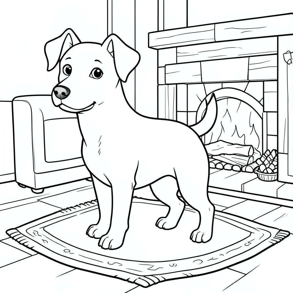 solo, chủ đề đơn, một đầu, hai mắt, hai tai, bốn chân, một đuôi, tỷ lệ tự nhiên, quy mô thích hợp trong môi trường, đúng giải phẫu,, lò sưởi, thảm, gỗ, ấm áp, ấm cúng, đơn giản, dọn dẹp, nội địa, tuyến tính, nền đơn giản, tô màu, nghệ thuật đường, nền trắng, solo, chủ đề đơn, đúng giải phẫu, giải phẫu hoàn hảo