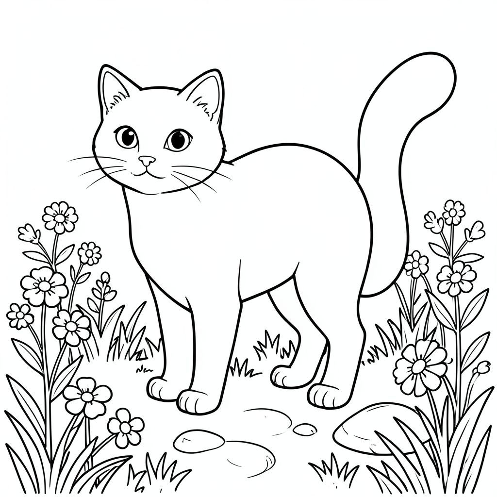 solo, chủ đề đơn, một đầu, hai mắt, hai tai, bốn chân, một đuôi, tỷ lệ tự nhiên, quy mô thích hợp trong môi trường, đúng giải phẫu, con mèo, vườn, hoa, hoa dại, nắng, cỏ, con đường, đá, nhỏ, đơn giản, lý lịch, trang tô màu, nghệ thuật đường, nền trắng, solo, chủ đề đơn, đúng về mặt giải phẫu, giải phẫu hoàn hảo