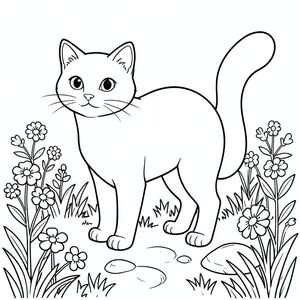 solo, chủ đề đơn, một đầu, hai mắt, hai tai, bốn chân, một đuôi, tỷ lệ tự nhiên, quy mô thích hợp trong môi trường, đúng giải phẫu, con mèo, vườn, hoa, hoa dại, nắng, cỏ, con đường, đá, nhỏ, đơn giản, lý lịch, trang tô màu, nghệ thuật đường, nền trắng, solo, chủ đề đơn, đúng về mặt giải phẫu, giải phẫu hoàn hảo
