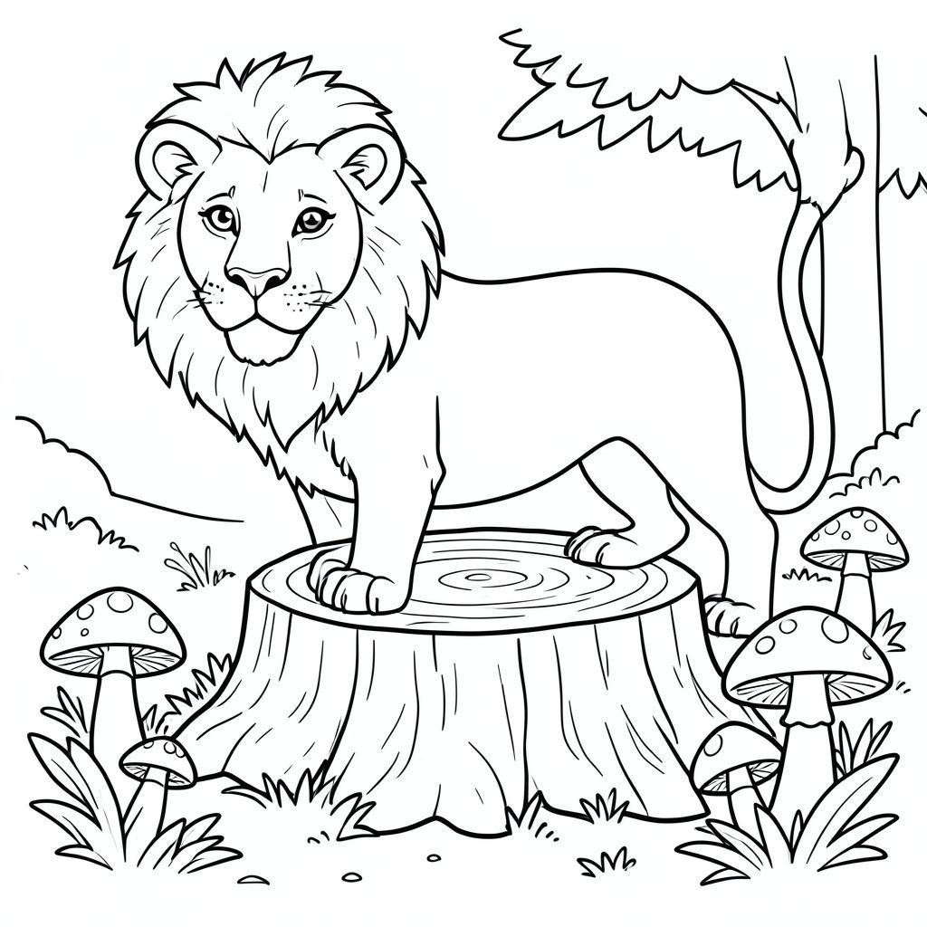 solo, chủ đề đơn, một đầu, hai mắt, hai tai, bốn chân, một đuôi, tỷ lệ tự nhiên, quy mô thích hợp trong môi trường, đúng giải phẫu, sư tử, Rừng cây, gốc cây rỗng, nấm, Ánh sáng mặt trời, nền đơn giản, dọn dẹp, Vẽ nguệch ngoạc, vẽ tay, tinh khiết, trang màu, nghệ thuật đường, nền trắng, solo, chủ đề đơn, chính xác về mặt giải phẫu, giải phẫu hoàn hảo