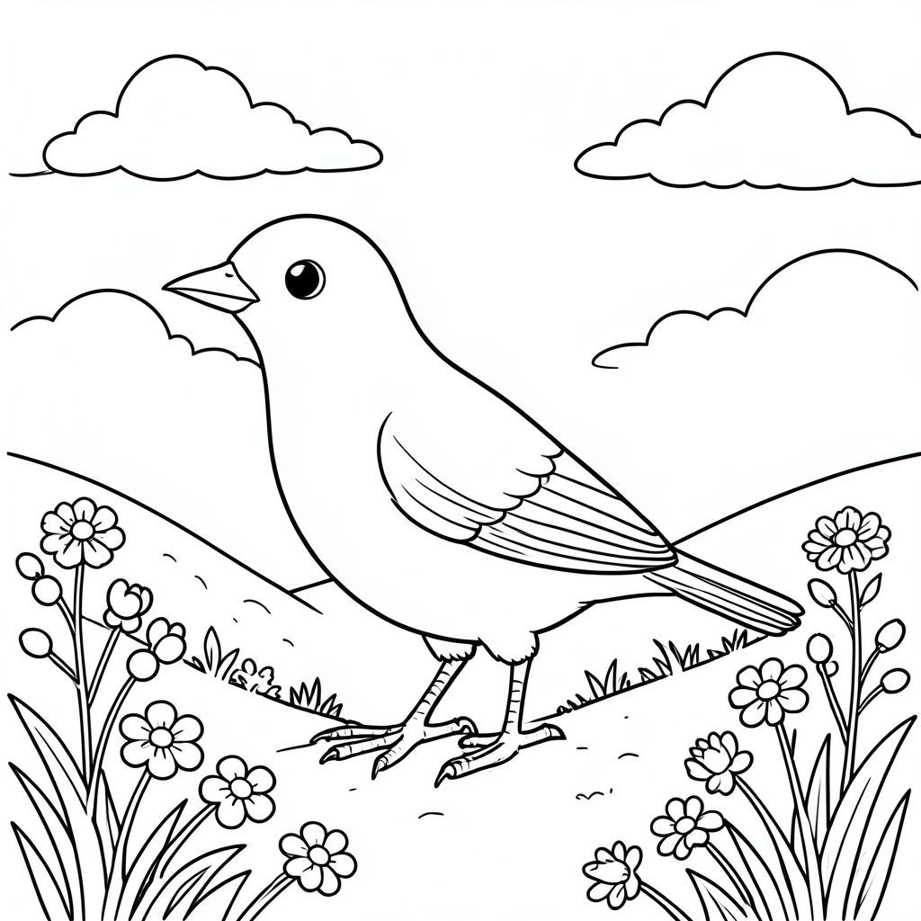 solo, một con chim, một đầu, hai mắt, một mỏ, hai cánh, hai chân, một đuôi, tỷ lệ tự nhiên, quy mô thích hợp trong môi trường, đúng giải phẫu, chim, Quả mọng, sườn đồi, nắng, cỏ, hoa dại, bầu trời, đám mây, ấm áp, đơn giản, dọn dẹp, trang màu, nghệ thuật đường, nền trắng, solo, chủ đề đơn, chính xác về mặt giải phẫu, giải phẫu hoàn hảo