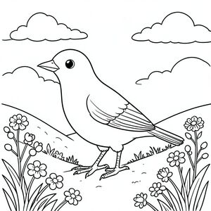 solo, một con chim, một đầu, hai mắt, một mỏ, hai cánh, hai chân, một đuôi, tỷ lệ tự nhiên, quy mô thích hợp trong môi trường, đúng giải phẫu, chim, Quả mọng, sườn đồi, nắng, cỏ, hoa dại, bầu trời, đám mây, ấm áp, đơn giản, dọn dẹp, trang màu, nghệ thuật đường, nền trắng, solo, chủ đề đơn, chính xác về mặt giải phẫu, giải phẫu hoàn hảo