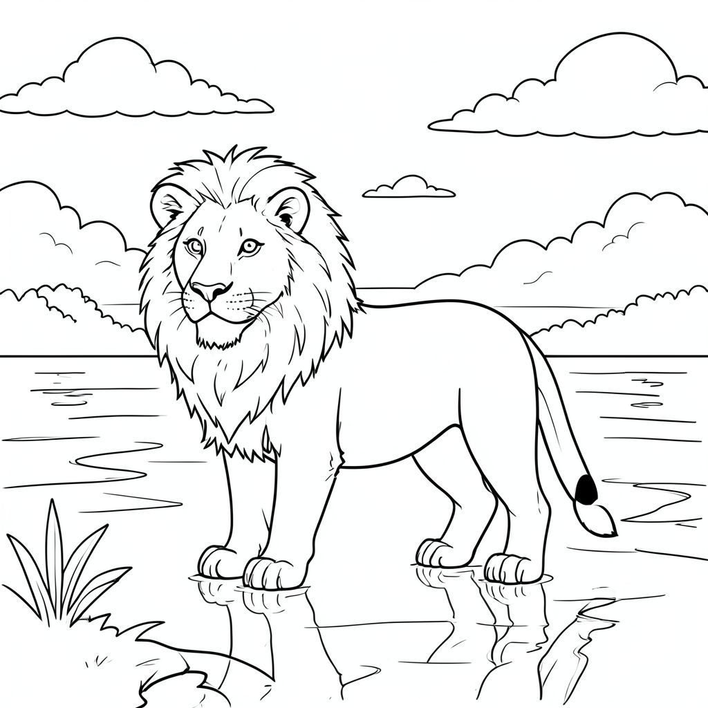 solo, chủ đề đơn, một đầu, hai mắt, hai tai, bốn chân, một đuôi, tỷ lệ tự nhiên, quy mô thích hợp trong môi trường, chính xác về mặt giải phẫu, sư tử, hồ, hoàng hôn, bầu trời, điềm tĩnh, nước trong, phản chiếu, đám mây, ấm áp, thanh thản, hòa bình, tô màu, nghệ thuật đường, nền trắng, solo, chủ đề đơn, đúng về mặt giải phẫu, giải phẫu hoàn hảo