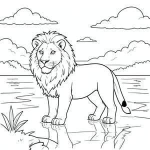 solo, chủ đề đơn, một đầu, hai mắt, hai tai, bốn chân, một đuôi, tỷ lệ tự nhiên, quy mô thích hợp trong môi trường, chính xác về mặt giải phẫu, sư tử, hồ, hoàng hôn, bầu trời, điềm tĩnh, nước trong, phản chiếu, đám mây, ấm áp, thanh thản, hòa bình, tô màu, nghệ thuật đường, nền trắng, solo, chủ đề đơn, đúng về mặt giải phẫu, giải phẫu hoàn hảo