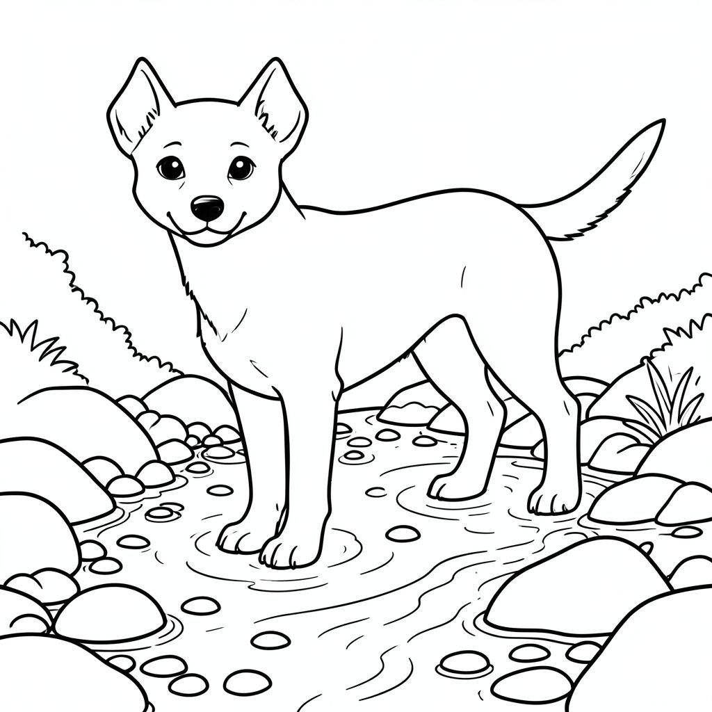 solo, chủ đề đơn, một đầu, hai mắt, hai tai, bốn chân, một đuôi, tỷ lệ tự nhiên, quy mô thích hợp trong môi trường, đúng giải phẫu, chó, giường lạch, đá, nước nông, ánh sáng mặt trời, đá, đá cuội, đá mịn, nước, nhỏ giọt, dòng suối, trang màu, nghệ thuật đường, nền trắng, solo, chủ đề đơn, đúng về mặt giải phẫu, giải phẫu hoàn hảo