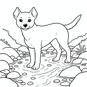 solo, chủ đề đơn, một đầu, hai mắt, hai tai, bốn chân, một đuôi, tỷ lệ tự nhiên, quy mô thích hợp trong môi trường, đúng giải phẫu, chó, giường lạch, đá, nước nông, ánh sáng mặt trời, đá, đá cuội, đá mịn, nước, nhỏ giọt, dòng suối, trang màu, nghệ thuật đường, nền trắng, solo, chủ đề đơn, đúng về mặt giải phẫu, giải phẫu hoàn hảo