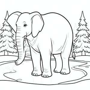 solo, một con voi, một đầu, hai mắt, hai tai lớn, một thân cây, bốn chân, một đuôi, bàn chân trên nền vững chắc, tỷ lệ tự nhiên, quy mô thích hợp trong môi trường, đúng về mặt giải phẫu, voi, Băng, ao, tuyết, thường xanh, mùa đông, rõ ràng, phản chiếu, mịn, đóng băng, lạnh, trang màu, nghệ thuật đường nét, nền trắng, solo, chủ đề đơn, đúng về mặt giải phẫu, giải phẫu hoàn hảo