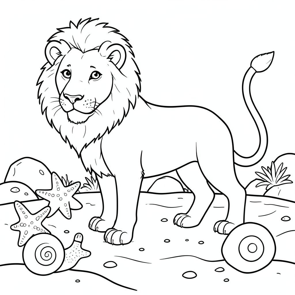 solo, chủ đề đơn, một đầu, hai mắt, hai tai, bốn chân, một đuôi, tỷ lệ tự nhiên, quy mô thích hợp trong môi trường, đúng giải phẫu, sư tử, Hồ thủy triều, sao biển, ốc sên, đá, cát, nước, ánh sáng mặt trời, rõ ràng, đơn giản, lý lịch, tô màu, nghệ thuật đường, nền trắng, solo, chủ đề đơn, đúng giải phẫu, giải phẫu hoàn hảo