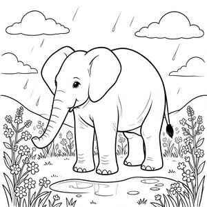 solo, một con voi, một đầu, hai mắt, hai tai lớn, một thân cây, bốn chân, một đuôi, bàn chân trên mặt đất vững chắc, tỷ lệ tự nhiên, quy mô thích hợp trong môi trường, đúng giải phẫu, voi, đồng cỏ, hoa dại, mưa, vũng nước, ánh sáng mặt trời, mềm mại, nhẹ nhàng, rõ ràng, bầu trời, đám mây, trang màu, nghệ thuật đường, nền trắng, solo, chủ đề đơn, đúng giải phẫu, giải phẫu hoàn hảo