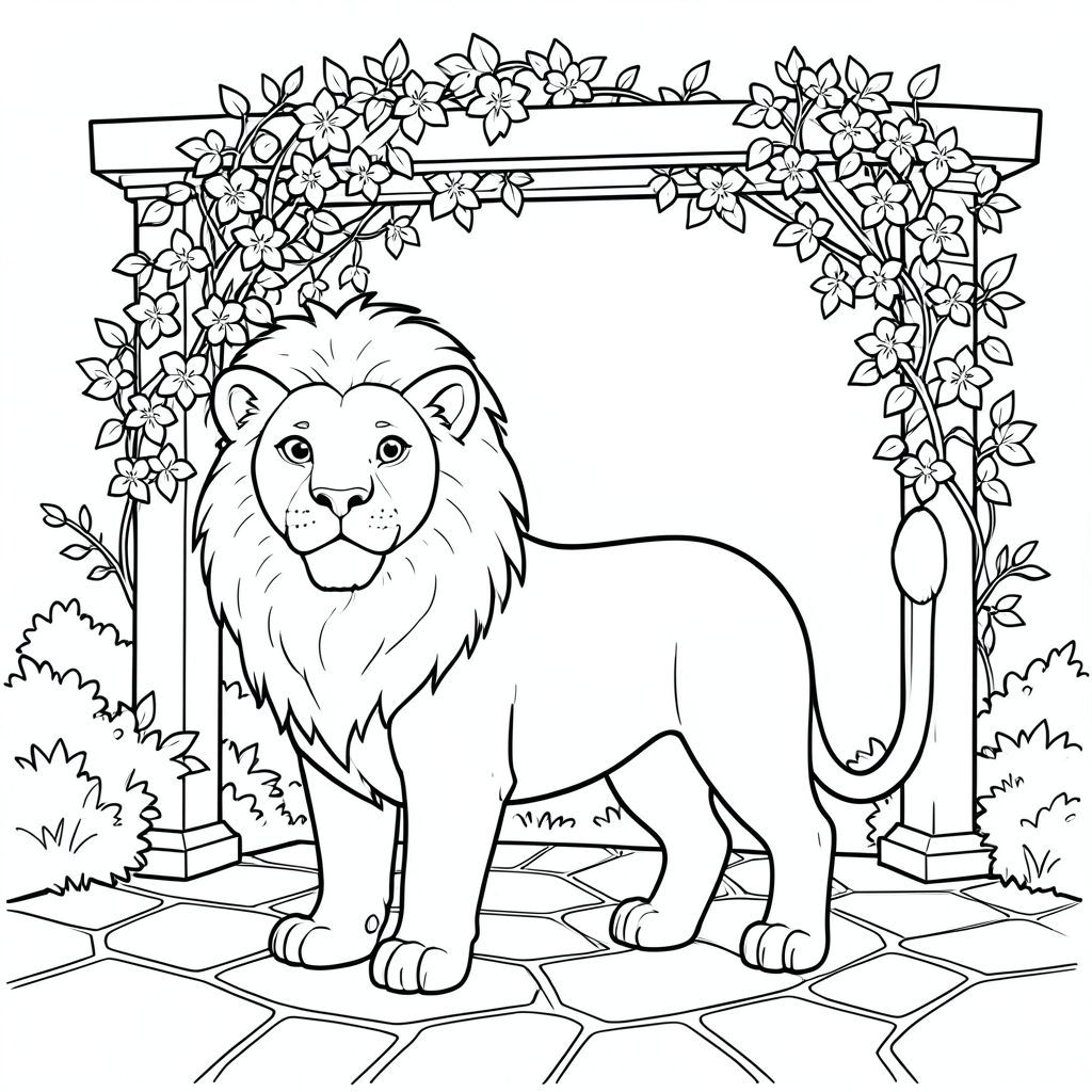 solo, chủ đề đơn, một đầu, hai mắt, hai tai, bốn chân, một đuôi, tỷ lệ tự nhiên, quy mô thích hợp trong môi trường, đúng giải phẫu, sư tử, sân đá, giàn che, leo hoa nhài, ánh sáng mặt trời, vườn, nền đơn giản, dọn dẹp, tinh khiết, sách truyện, đơn giản, tô màu, nghệ thuật đường, nền trắng, solo, chủ đề đơn, đúng giải phẫu, giải phẫu hoàn hảo