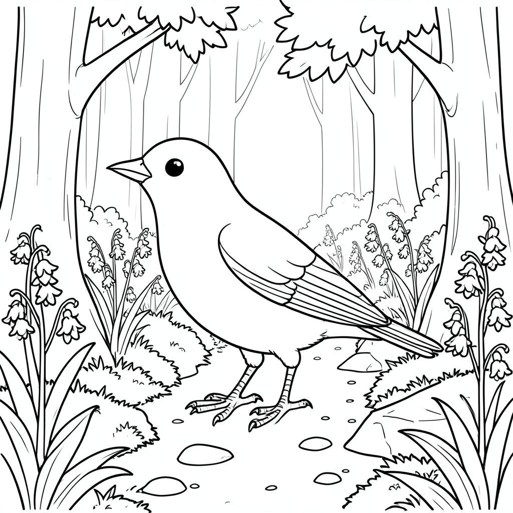 solo, một con chim, một đầu, hai mắt, một mỏ, hai cánh, hai chân, một đuôi, tỷ lệ tự nhiên, quy mô thích hợp trong môi trường, đúng giải phẫu, chim, con đường rừng cây, lốm đốm, chuông xanh, rừng, cây cối, lá, rêu, đá, bụi bẩn, con đường, trang tô màu, nghệ thuật đường, nền trắng, solo, chủ đề đơn, chính xác về mặt giải phẫu, giải phẫu hoàn hảo