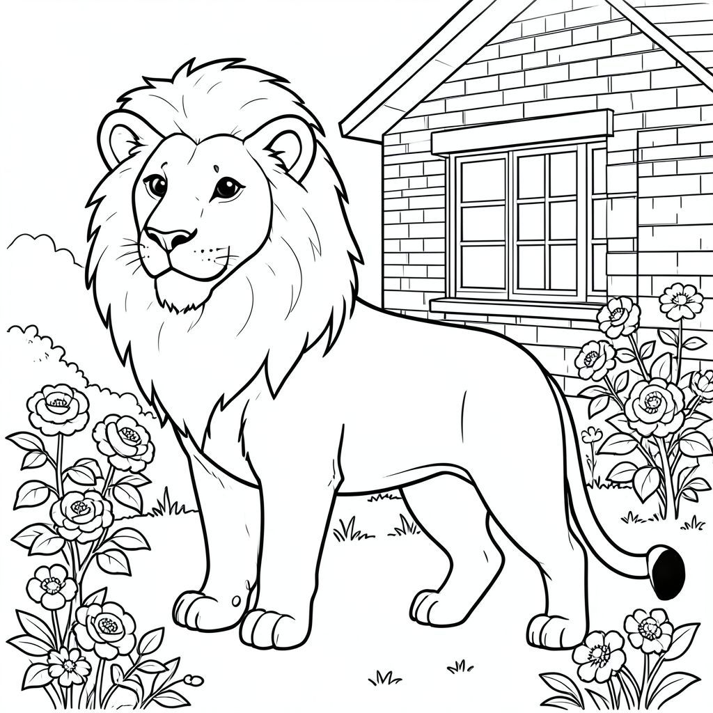 solo, chủ đề đơn, một đầu, hai mắt, hai tai, bốn chân, một đuôi, tỷ lệ tự nhiên, quy mô thích hợp trong môi trường, đúng giải phẫu, sư tử, hộp cửa sổ, phong lữ, nhà gạch, phía trước, đơn giản, sạch sẽ, vườn, lý lịch, hoa, nhỏ, tô màu, nghệ thuật đường, nền trắng, solo, chủ đề đơn, đúng giải phẫu, giải phẫu hoàn hảo