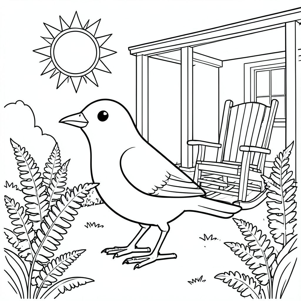 Độc lập, một con chim, một đầu, hai mắt, một mỏ, hai cánh, hai chân, một đuôi, tỷ lệ tự nhiên, quy mô thích hợp trong môi trường, đúng giải phẫu, chim, mặt trời, hiên nhà, ghế bập bênh, dương xỉ, vườn, đơn giản, dọn dẹp, lý lịch, ấm áp, tán lá, trang màu, nghệ thuật đường, nền trắng, solo, chủ đề đơn, đúng về mặt giải phẫu, giải phẫu hoàn hảo