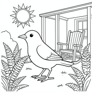 Độc lập, một con chim, một đầu, hai mắt, một mỏ, hai cánh, hai chân, một đuôi, tỷ lệ tự nhiên, quy mô thích hợp trong môi trường, đúng giải phẫu, chim, mặt trời, hiên nhà, ghế bập bênh, dương xỉ, vườn, đơn giản, dọn dẹp, lý lịch, ấm áp, tán lá, trang màu, nghệ thuật đường, nền trắng, solo, chủ đề đơn, đúng về mặt giải phẫu, giải phẫu hoàn hảo