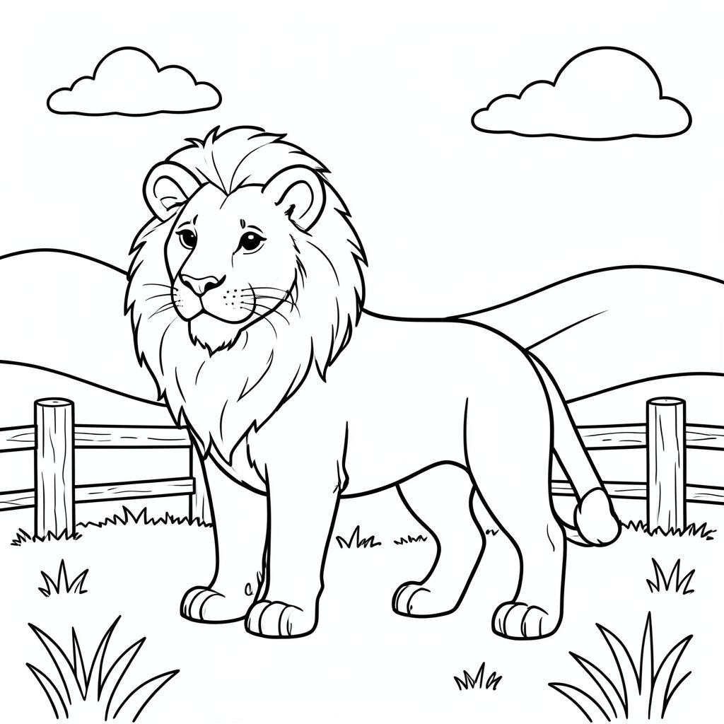 solo, chủ đề đơn, một đầu, hai mắt, hai tai, bốn chân, một đuôi, tỷ lệ tự nhiên, quy mô thích hợp trong môi trường, đúng giải phẫu, sư tử, đồng cỏ, đồi thoai thoải, hàng rào đơn giản, bài gỗ, bầu trời quang đãng, ánh sáng mặt trời, tự nhiên, nền đơn giản, dọn dẹp, hòa bình, trang màu, nghệ thuật đường, nền trắng, solo, chủ đề đơn, đúng giải phẫu, giải phẫu hoàn hảo