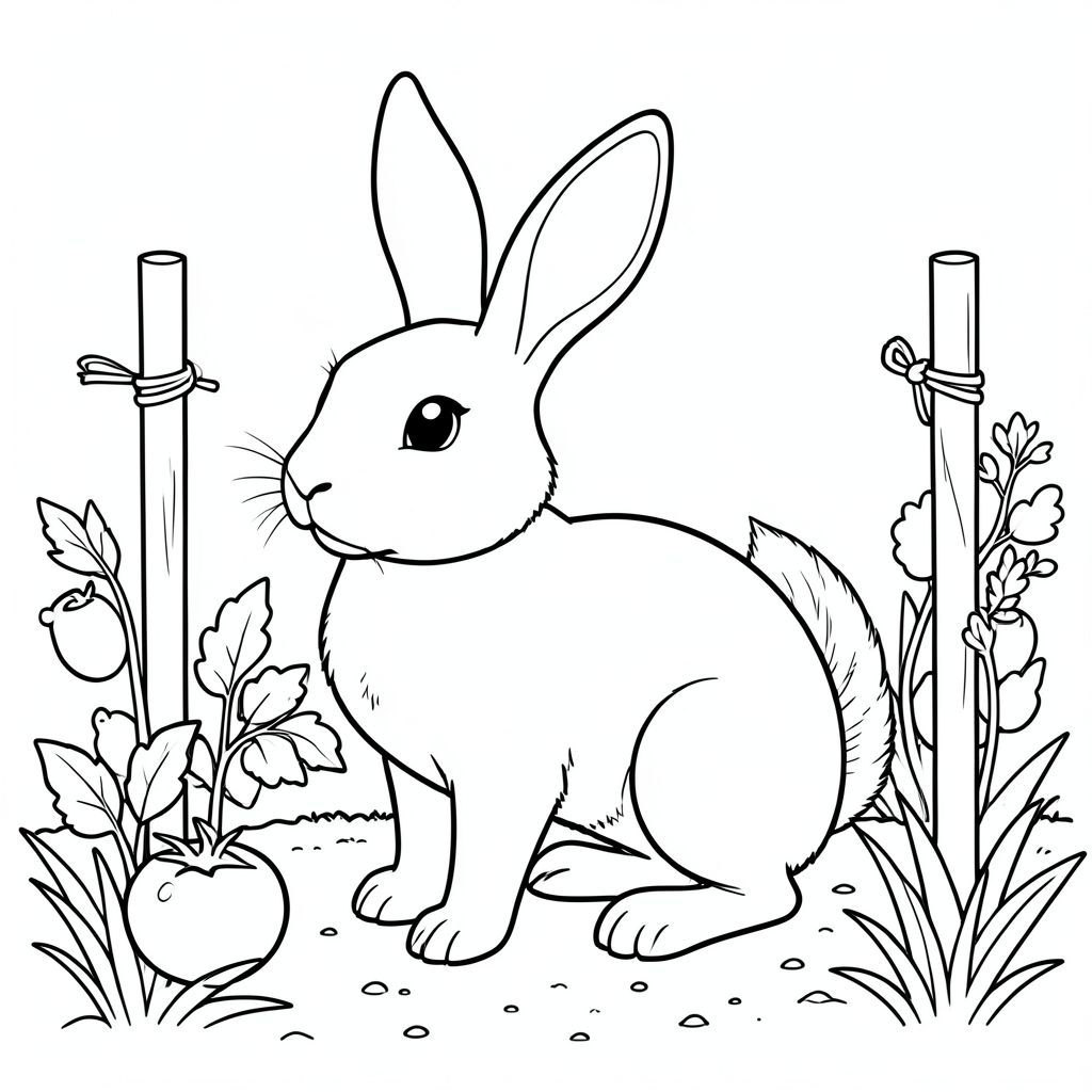 solo, chủ đề đơn, một đầu, hai mắt, hai tai, bốn chân, một đuôi, tỷ lệ tự nhiên, quy mô thích hợp trong môi trường, đúng giải phẫu, thỏ, vườn, rau, cà chua, đậu, cọc, cực, đất, ánh sáng mặt trời, cỏ, đơn giản, trang màu, nghệ thuật đường, nền trắng, solo, chủ đề đơn, đúng về giải phẫu, giải phẫu hoàn hảo
