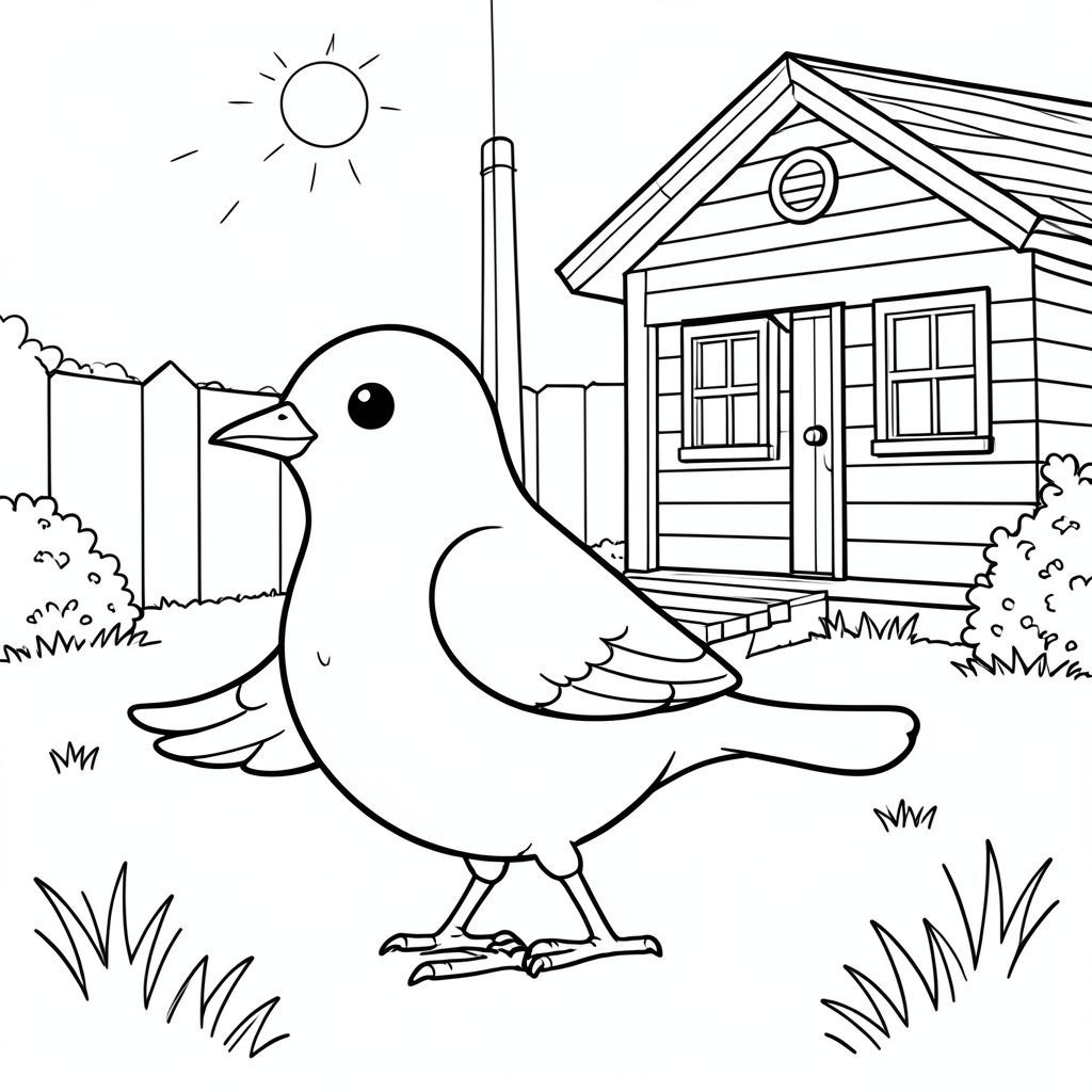 Độc lập, một con chim, một đầu, hai mắt, một mỏ, hai cánh, hai chân, một đuôi, tỷ lệ tự nhiên, quy mô thích hợp trong môi trường, đúng giải phẫu, chim, Nhà gỗ, cực, sân sau, vườn, nắng, đơn giản, dọn dẹp, lý lịch, phong cảnh, cỏ, tô màu, nghệ thuật đường, nền trắng, solo, chủ đề đơn, chính xác về mặt giải phẫu, giải phẫu hoàn hảo