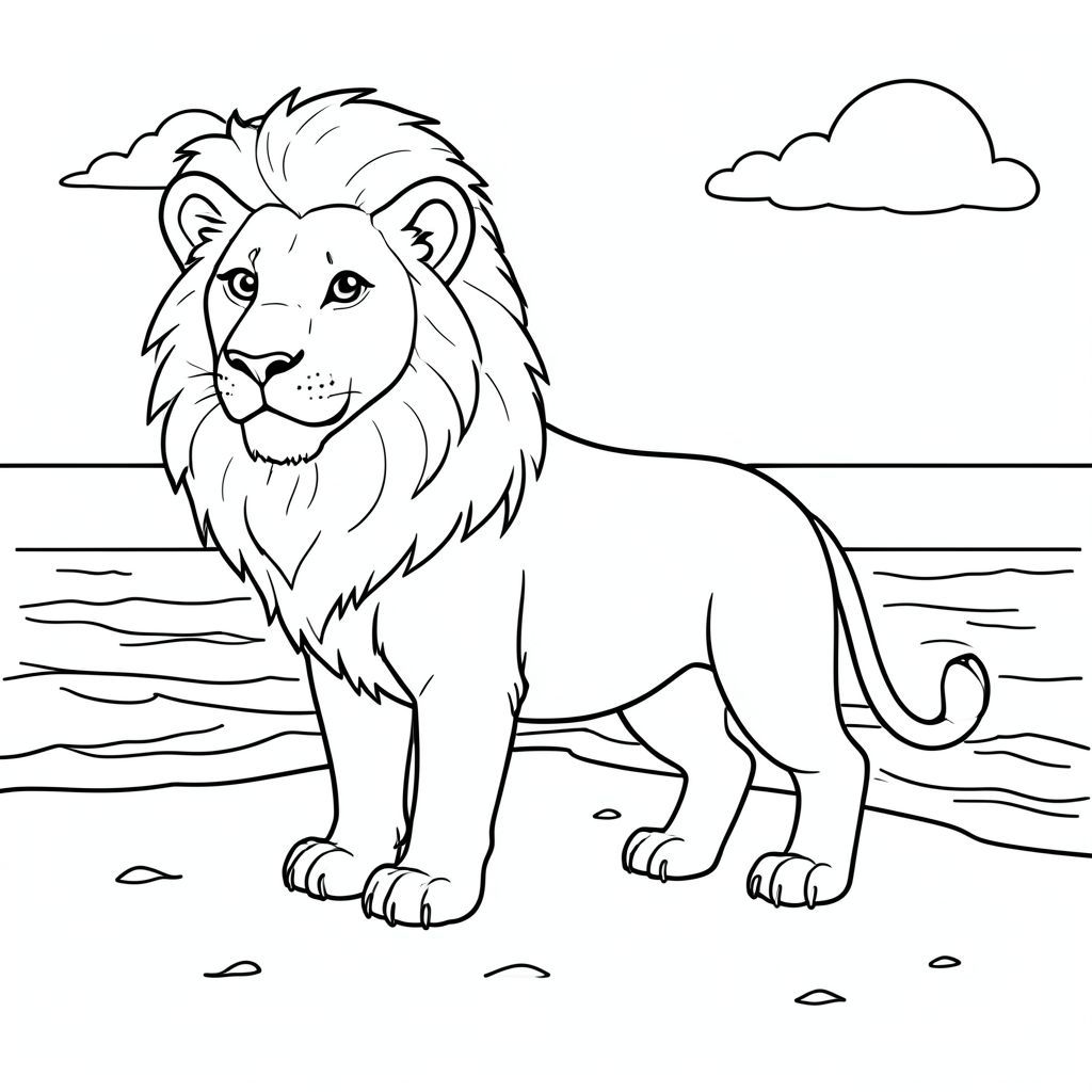 solo, chủ đề đơn, một đầu, hai mắt, hai tai, bốn chân, một đuôi, tỷ lệ tự nhiên, quy mô thích hợp trong môi trường, đúng giải phẫu, sư tử, Bãi biển cát, cát, Nước, bầu trời quang đãng, ánh sáng mặt trời, sóng, bờ biển, nhỏ, đơn giản, sạch sẽ, trang màu, nghệ thuật đường, nền trắng, solo, chủ đề đơn, đúng về mặt giải phẫu, giải phẫu hoàn hảo