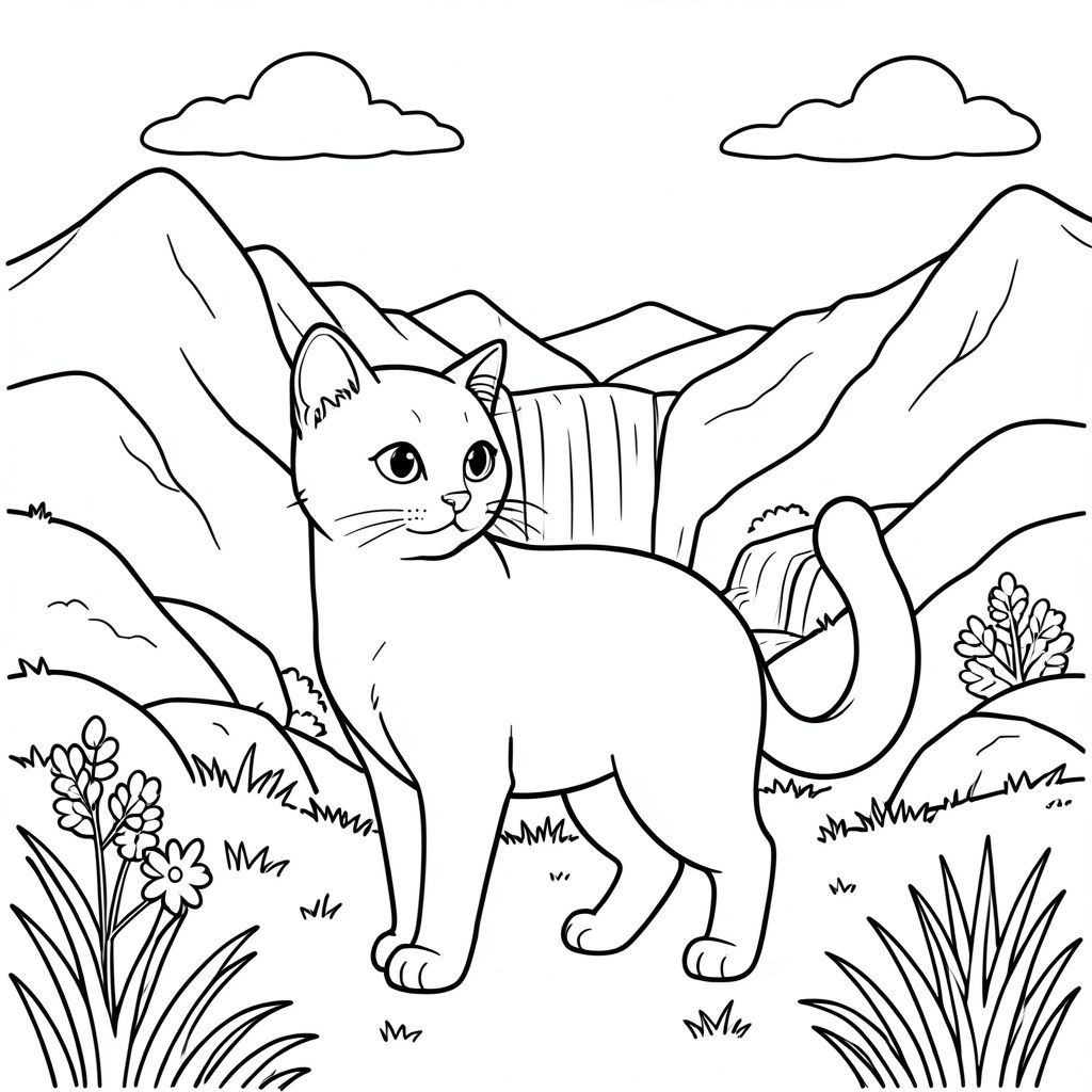 solo, chủ đề đơn, một đầu, hai mắt, hai tai, bốn chân, một đuôi, tỷ lệ tự nhiên, quy mô thích hợp trong môi trường, đúng giải phẫu, con mèo, núi, thác nước, đồng cỏ, ánh sáng mặt trời, rõ ràng, bầu trời, xa, mịn, đá, tô màu, nghệ thuật đường, nền trắng, solo, chủ đề đơn, đúng giải phẫu, giải phẫu hoàn hảo