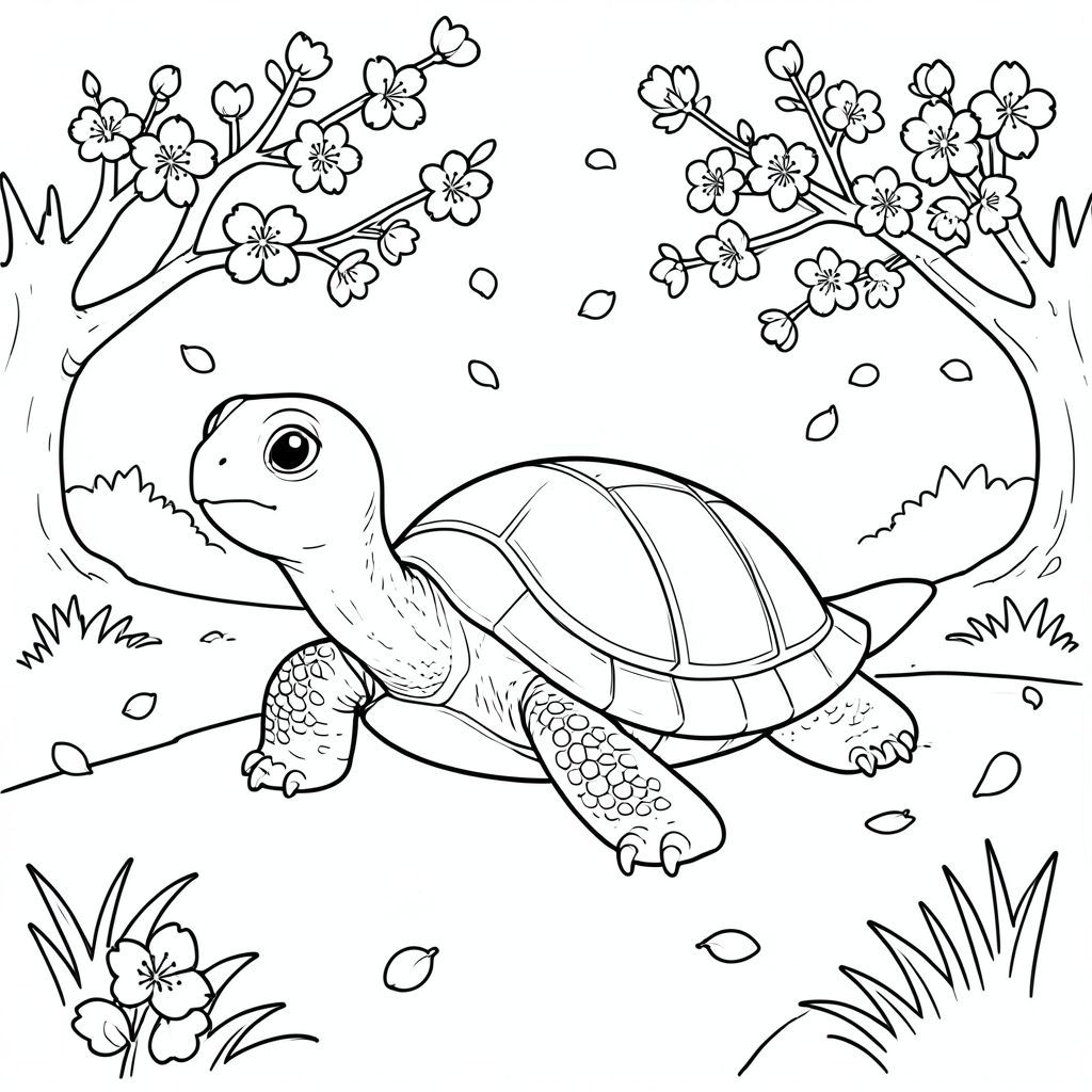 solo, rùa đơn, một đầu, hai mắt, bốn chân, một vỏ, một đuôi, bàn chân trên nền đất vững chắc, tỷ lệ tự nhiên, quy mô thích hợp trong môi trường, đúng về mặt giải phẫu, rùa, hoa anh đào, con đường, công viên, yên tĩnh, đơn giản, sạch sẽ, nhẹ nhàng, mềm mại, rơi, Cánh hoa, trang tô màu, nghệ thuật đường nét, nền trắng, solo, chủ đề đơn, chính xác về mặt giải phẫu, giải phẫu hoàn hảo