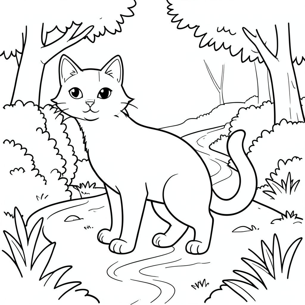 solo, chủ đề đơn, một đầu, hai mắt, hai tai, bốn chân, một đuôi, tỷ lệ tự nhiên, quy mô thích hợp trong môi trường, đúng giải phẫu, con mèo, rừng cây, suối, quanh co, bụi cây, đơn giản, dọn dẹp, lý lịch, yên bình, yên tĩnh, nhỏ, trang màu, nghệ thuật đường, nền trắng, solo, chủ đề đơn, đúng về mặt giải phẫu, giải phẫu hoàn hảo