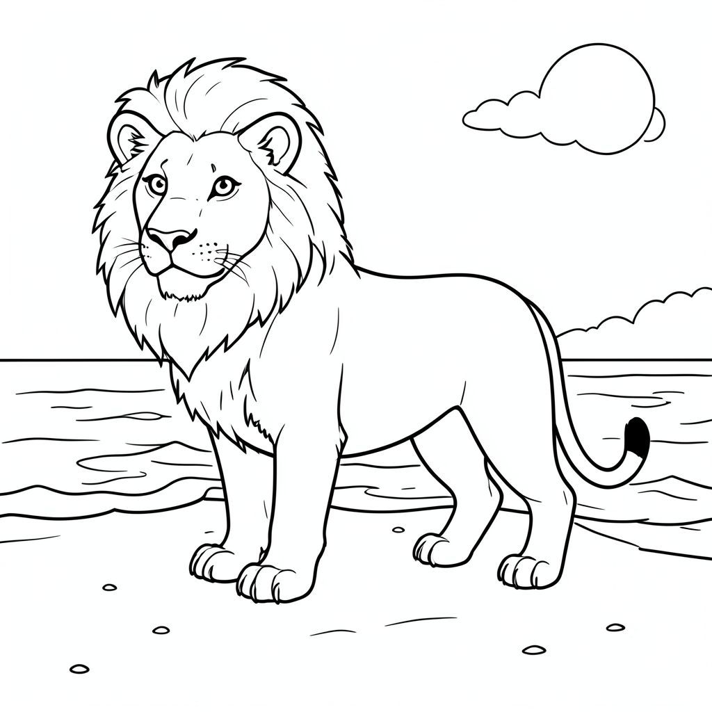 solo, chủ đề đơn, một đầu, hai mắt, hai tai, bốn chân, một đuôi, tỷ lệ tự nhiên, quy mô thích hợp trong môi trường, đúng giải phẫu, sư tử, Bãi biển cát, Nước, cát, trong sáng, ánh sáng mặt trời, ấm áp, nhẹ nhàng, sóng, bờ biển, nhỏ, trang màu, nghệ thuật đường, nền trắng, solo, chủ đề đơn, đúng về mặt giải phẫu, giải phẫu hoàn hảo