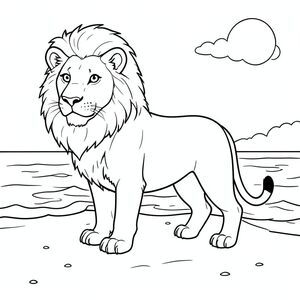 solo, chủ đề đơn, một đầu, hai mắt, hai tai, bốn chân, một đuôi, tỷ lệ tự nhiên, quy mô thích hợp trong môi trường, đúng giải phẫu, sư tử, Bãi biển cát, Nước, cát, trong sáng, ánh sáng mặt trời, ấm áp, nhẹ nhàng, sóng, bờ biển, nhỏ, trang màu, nghệ thuật đường, nền trắng, solo, chủ đề đơn, đúng về mặt giải phẫu, giải phẫu hoàn hảo