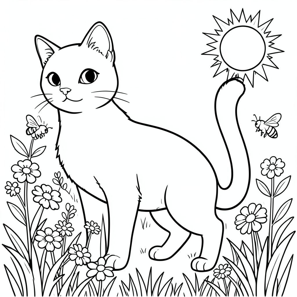 solo, chủ đề đơn, một đầu, hai mắt, hai tai, bốn chân, một đuôi, tỷ lệ tự nhiên, quy mô thích hợp trong môi trường, đúng giải phẫu, con mèo, Hoa dại, đồng cỏ, mặt trời, ấm áp, mùa hè, ong, vo ve, cỏ, trong sáng, bầu trời, tô màu, nghệ thuật đường, nền trắng, solo, chủ đề đơn, đúng về mặt giải phẫu, giải phẫu hoàn hảo
