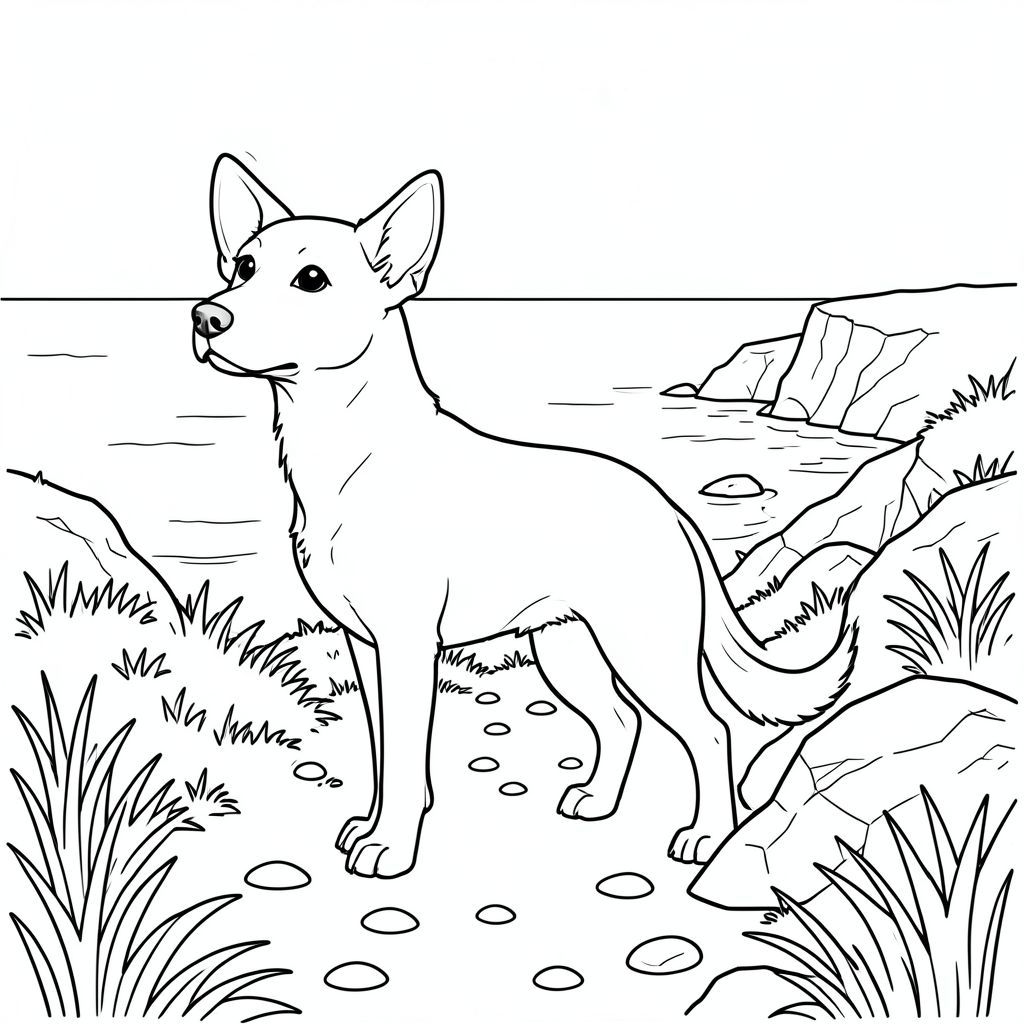 solo, chủ đề đơn, một đầu, hai mắt, hai tai, bốn chân, một đuôi, tỷ lệ tự nhiên, quy mô thích hợp trong môi trường, đúng giải phẫu, chó, Đường ven biển, vách đá cỏ, biển lặng, ánh sáng mặt trời, bầu trời quang đãng, nước, đá mịn, đá phong hóa, bờ biển xa, nhỏ, trang màu, nghệ thuật đường, nền trắng, solo, chủ đề đơn, đúng giải phẫu, giải phẫu hoàn hảo