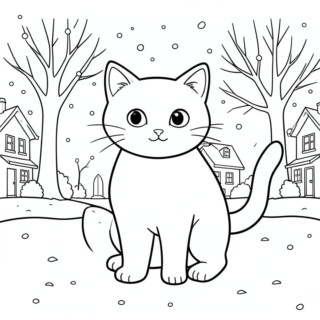 solo, chủ đề đơn, một đầu, hai mắt, hai tai, bốn chân, một đuôi, tỷ lệ tự nhiên, quy mô thích hợp trong môi trường, đúng giải phẫu, con mèo, tuyết, tuyết rơi, yên tĩnh, khu phố, cây trần, đơn giản, sạch sẽ, lý lịch, vẽ tay, vẽ nguệch ngoạc, trang tô màu, nghệ thuật đường, nền trắng, solo, chủ đề đơn, đúng về mặt giải phẫu, giải phẫu hoàn hảo