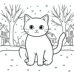 solo, chủ đề đơn, một đầu, hai mắt, hai tai, bốn chân, một đuôi, tỷ lệ tự nhiên, quy mô thích hợp trong môi trường, đúng giải phẫu, con mèo, tuyết, tuyết rơi, yên tĩnh, khu phố, cây trần, đơn giản, sạch sẽ, lý lịch, vẽ tay, vẽ nguệch ngoạc, trang tô màu, nghệ thuật đường, nền trắng, solo, chủ đề đơn, đúng về mặt giải phẫu, giải phẫu hoàn hảo
