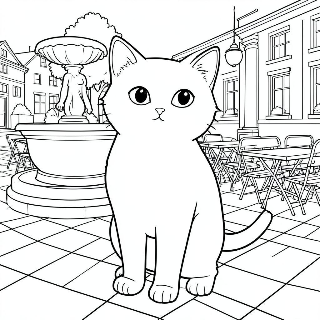 solo, chủ đề đơn, một đầu, hai mắt, hai tai, bốn chân, một đuôi, tỷ lệ tự nhiên, quy mô thích hợp trong môi trường, đúng giải phẫu, con mèo, Đài phun nước, quảng trường, bàn quán cà phê, ánh sáng mặt trời, dọn dẹp, đơn giản, lý lịch, Đô thị, Quảng trường, Vỉa hè, trang tô màu, nghệ thuật đường, nền trắng, solo, chủ đề đơn, đúng về mặt giải phẫu, giải phẫu hoàn hảo