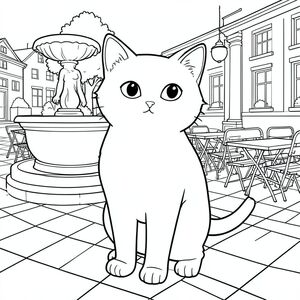 solo, chủ đề đơn, một đầu, hai mắt, hai tai, bốn chân, một đuôi, tỷ lệ tự nhiên, quy mô thích hợp trong môi trường, đúng giải phẫu, con mèo, Đài phun nước, quảng trường, bàn quán cà phê, ánh sáng mặt trời, dọn dẹp, đơn giản, lý lịch, Đô thị, Quảng trường, Vỉa hè, trang tô màu, nghệ thuật đường, nền trắng, solo, chủ đề đơn, đúng về mặt giải phẫu, giải phẫu hoàn hảo