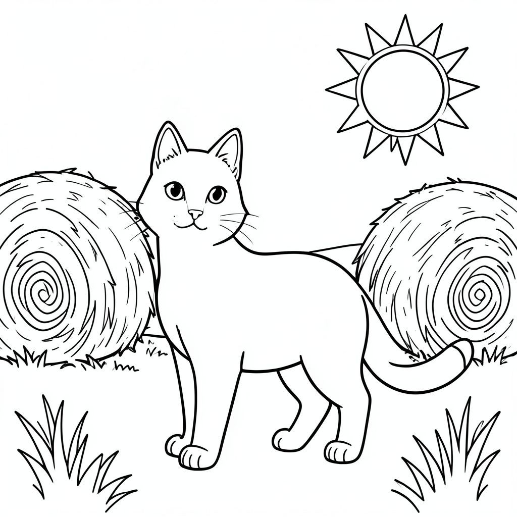 solo, chủ đề đơn, một đầu, hai mắt, hai tai, bốn chân, một đuôi, tỷ lệ tự nhiên, quy mô thích hợp trong môi trường, đúng giải phẫu, con mèo, mặt trời, ngoài trời, ổn định, kiện cỏ khô, bãi cỏ khô, bãi cỏ, đơn giản, sạch sẽ, lý lịch, trong sáng, trang màu, nghệ thuật đường, nền trắng, solo, chủ đề đơn, đúng về mặt giải phẫu, giải phẫu hoàn hảo