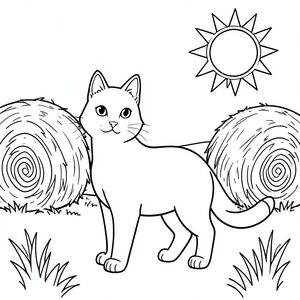 solo, chủ đề đơn, một đầu, hai mắt, hai tai, bốn chân, một đuôi, tỷ lệ tự nhiên, quy mô thích hợp trong môi trường, đúng giải phẫu, con mèo, mặt trời, ngoài trời, ổn định, kiện cỏ khô, bãi cỏ khô, bãi cỏ, đơn giản, sạch sẽ, lý lịch, trong sáng, trang màu, nghệ thuật đường, nền trắng, solo, chủ đề đơn, đúng về mặt giải phẫu, giải phẫu hoàn hảo