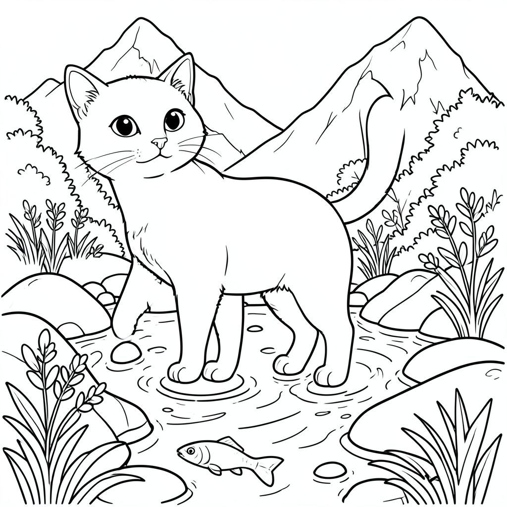 solo, chủ đề đơn, một đầu, hai mắt, hai tai, bốn chân, một đuôi, tỷ lệ tự nhiên, quy mô thích hợp trong môi trường, đúng giải phẫu, con mèo, suối núi, cải xoong, cá nhỏ, nước trong, đá, ánh sáng mặt trời, đá mịn, tán lá, nước chảy, yên tĩnh, trang tô màu, nghệ thuật đường nét, nền trắng, solo, chủ đề đơn, đúng giải phẫu, giải phẫu hoàn hảo