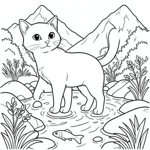solo, chủ đề đơn, một đầu, hai mắt, hai tai, bốn chân, một đuôi, tỷ lệ tự nhiên, quy mô thích hợp trong môi trường, đúng giải phẫu, con mèo, suối núi, cải xoong, cá nhỏ, nước trong, đá, ánh sáng mặt trời, đá mịn, tán lá, nước chảy, yên tĩnh, trang tô màu, nghệ thuật đường nét, nền trắng, solo, chủ đề đơn, đúng giải phẫu, giải phẫu hoàn hảo
