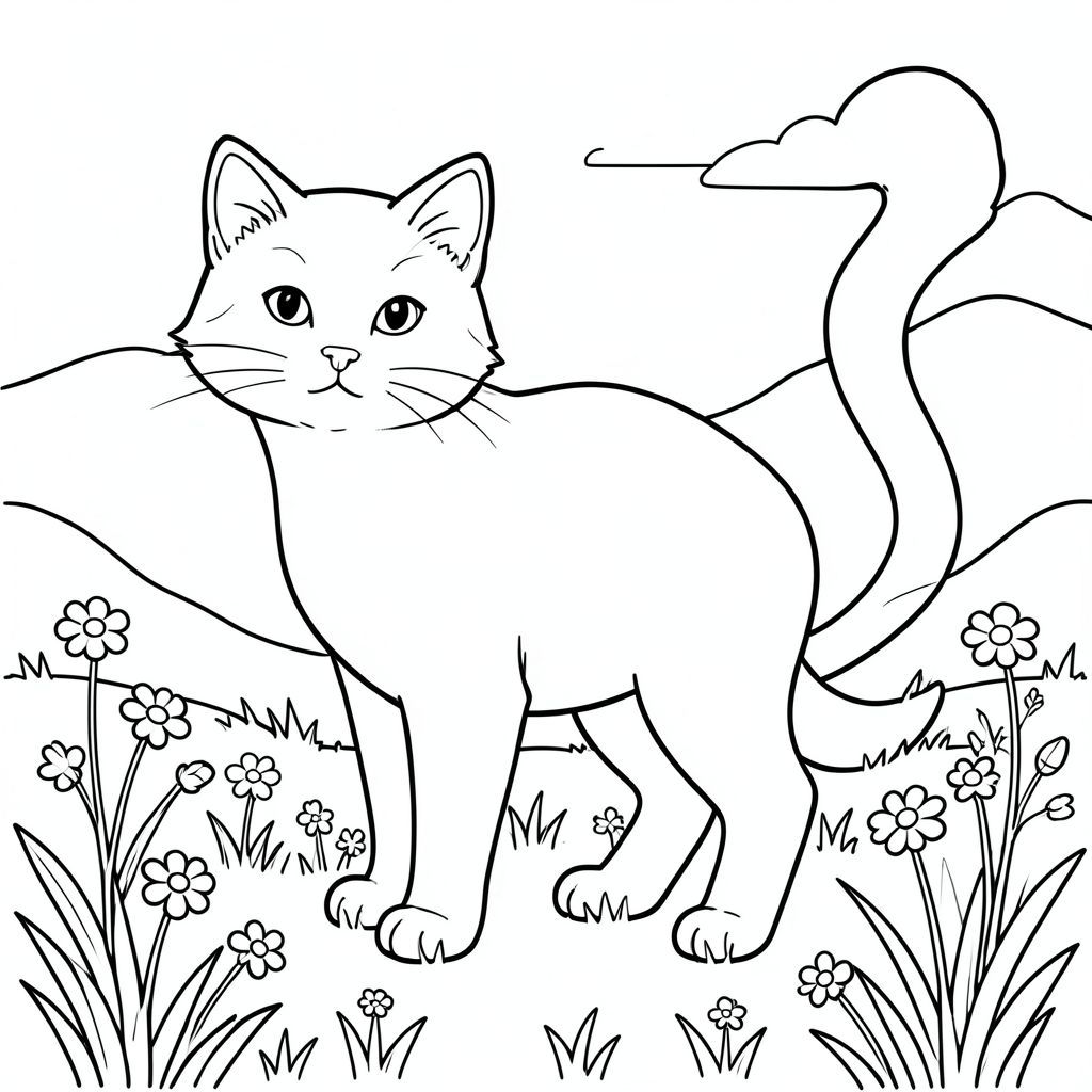 solo, chủ đề đơn, một đầu, hai mắt, hai tai, bốn chân, một đuôi, tỷ lệ tự nhiên, quy mô thích hợp trong môi trường, đúng giải phẫu, con mèo, Đồng cỏ núi cao, hoa nhỏ, cỏ, ánh sáng mặt trời, bầu trời quang đãng, nền đơn giản, nghệ thuật tuyến tính, vẽ đường, yên bình, thanh thản, trang tô màu, nghệ thuật đường, nền trắng, solo, chủ đề đơn, đúng giải phẫu, giải phẫu hoàn hảo