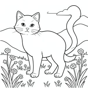 solo, chủ đề đơn, một đầu, hai mắt, hai tai, bốn chân, một đuôi, tỷ lệ tự nhiên, quy mô thích hợp trong môi trường, đúng giải phẫu, con mèo, Đồng cỏ núi cao, hoa nhỏ, cỏ, ánh sáng mặt trời, bầu trời quang đãng, nền đơn giản, nghệ thuật tuyến tính, vẽ đường, yên bình, thanh thản, trang tô màu, nghệ thuật đường, nền trắng, solo, chủ đề đơn, đúng giải phẫu, giải phẫu hoàn hảo