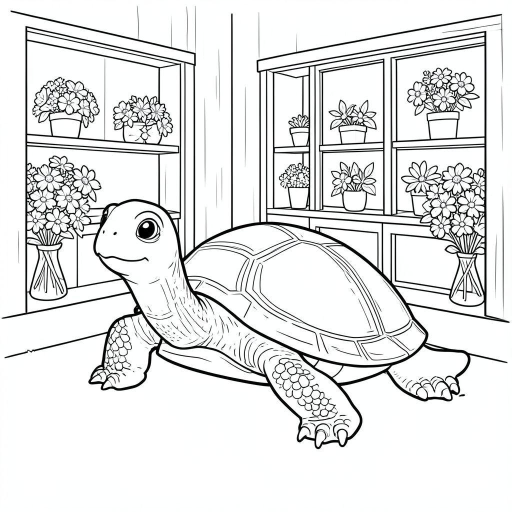 Độc lập, Rùa đơn, một đầu, hai mắt, bốn chân, một vỏ, một đuôi, bàn chân trên mặt đất vững chắc, tỷ lệ tự nhiên, quy mô thích hợp trong môi trường, đúng giải phẫu, rùa, hoa, bó hoa, cửa tiệm, Cửa sổ, kệ, đơn giản, dọn dẹp, lý lịch, Bằng gỗ, Nội địa, trang tô màu, nghệ thuật đường, nền trắng, Solo, chủ đề đơn, đúng giải phẫu, giải phẫu hoàn hảo