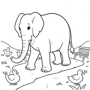 solo, một con voi, một đầu, hai mắt, hai tai lớn, một thân cây, bốn chân, một đuôi, bàn chân trên mặt đất vững chắc, tỷ lệ tự nhiên, quy mô thích hợp trong môi trường, đúng về mặt giải phẫu, voi, kênh, con đường, đi bộ, đường mòn, vịt, băng ghế, yên tĩnh, yên bình, đơn giản, sạch sẽ, trang màu, nghệ thuật đường, nền trắng, solo, chủ đề đơn, đúng giải phẫu, giải phẫu hoàn hảo