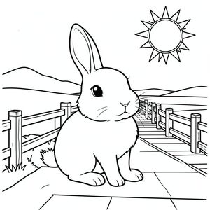 solo, chủ đề đơn, một đầu, hai mắt, hai tai, bốn chân, một đuôi, tỷ lệ tự nhiên, quy mô thích hợp trong môi trường, đúng giải phẫu, thỏ, mặt trời, bờ biển, lối đi lát ván, lan can gỗ, nắng, rõ ràng, đơn giản, sạch sẽ, phong cảnh, con đường, trang màu, nghệ thuật đường, nền trắng, solo, chủ đề đơn, đúng về mặt giải phẫu, giải phẫu hoàn hảo